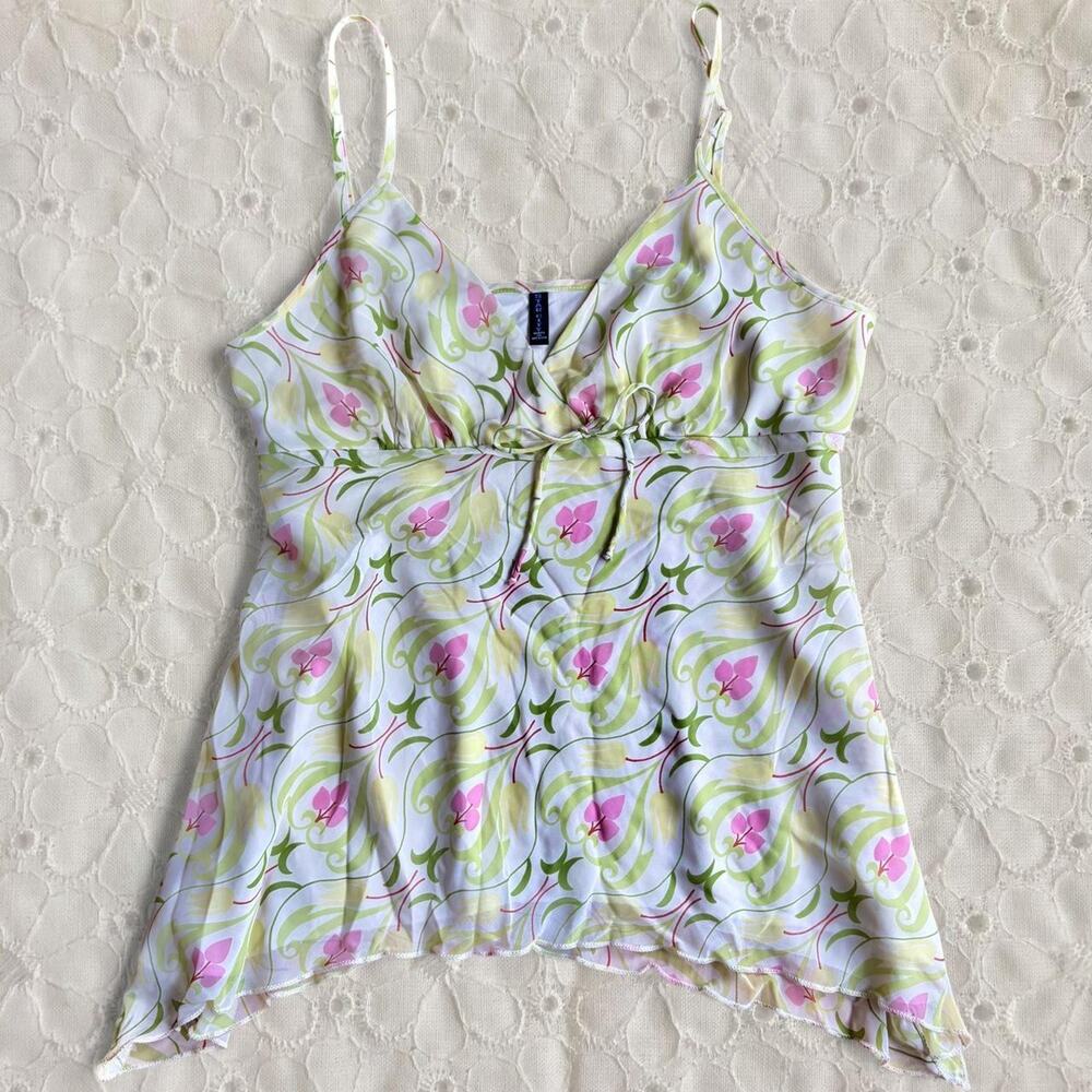 Vintage Y2K Star City Fairycore Asymmetrical Cami Top Floral Pink Green Large